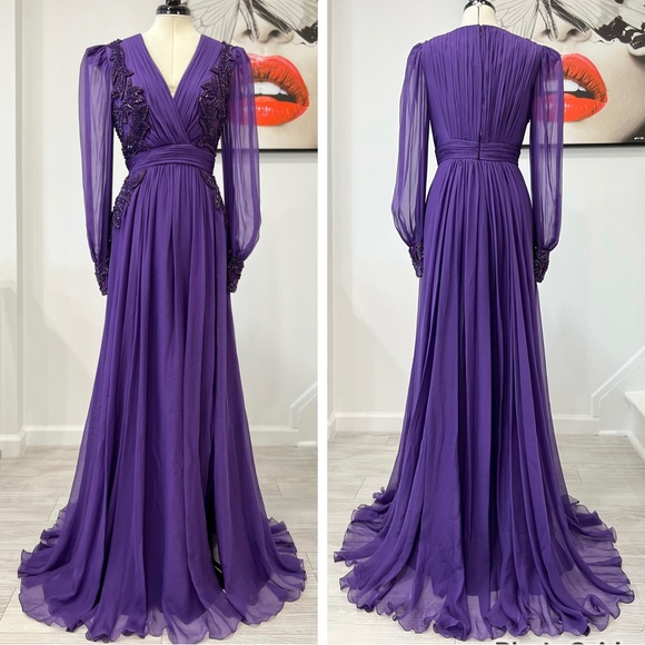 Zuhair Murad Silk Chiffon Beaded V-Neck Gown Dress - Picture 5 of 15